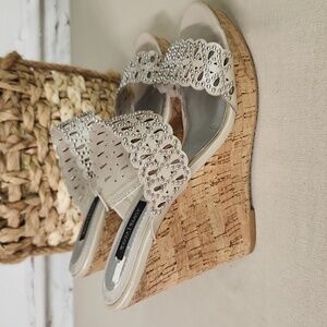 White House Black Market Women's Silver Sandals SIZE 9 Leather Wedge